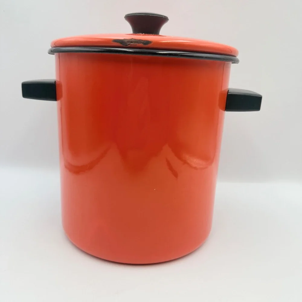Vintage Orange Enamel Steamer Pot Retro Vegetable Graphic 3-Way Insert Lid